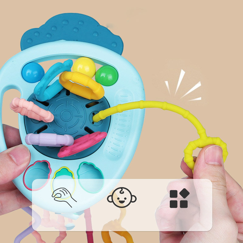 Montesori mainan tali tarik bayi, mainan aktivitas tali tarik silikon halus pengembangan keterampilan Motor 1 2 3 tahun