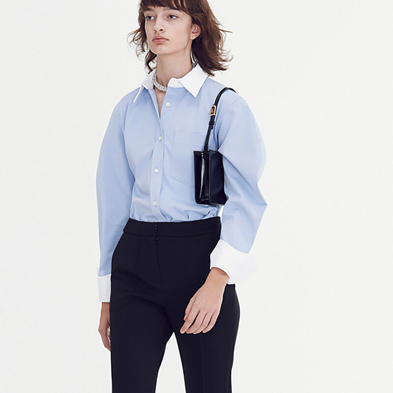 2024 Spring Blue Shirt Women's French Coat Shirt Design Sense Small Long sleeved High end Top