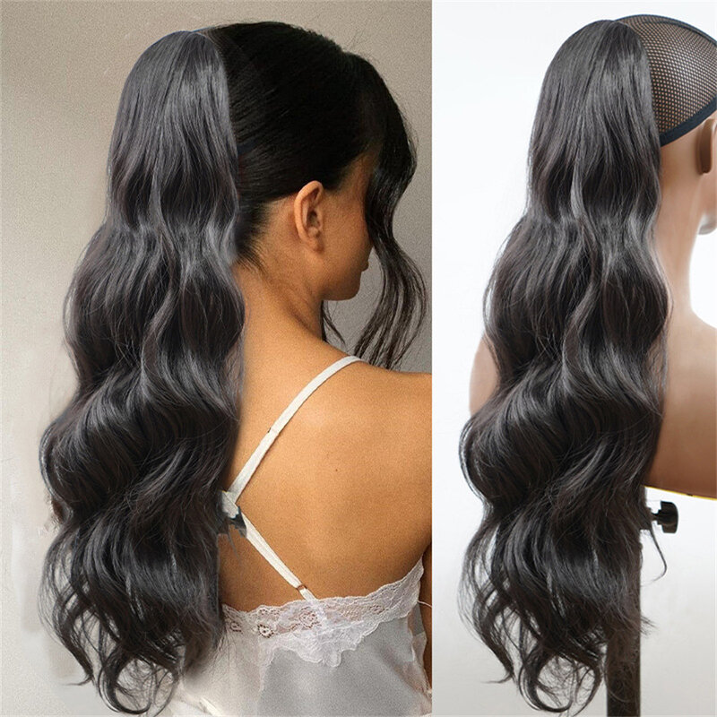 Natural Drawstring Fluffy Curly Ponytail peruca para mulheres, onda extensões de cabelo sintético, foto adereços, 60cm