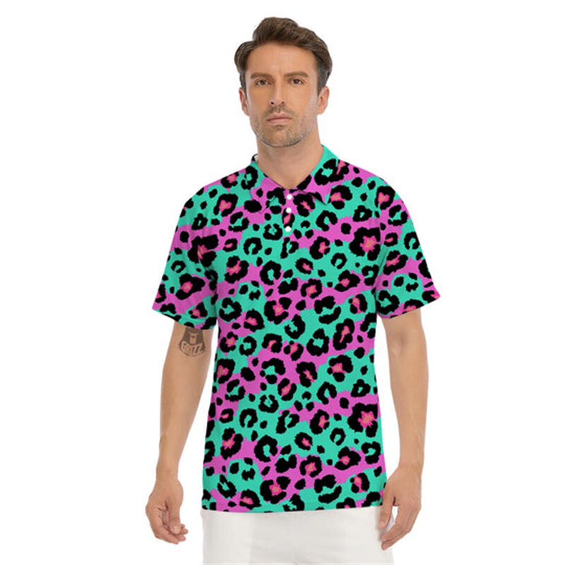Camisa polo de manga curta masculina, camiseta de golfe estampada leopardo 3D, streetwear listrado, blusa de botão, blusa casual, moda