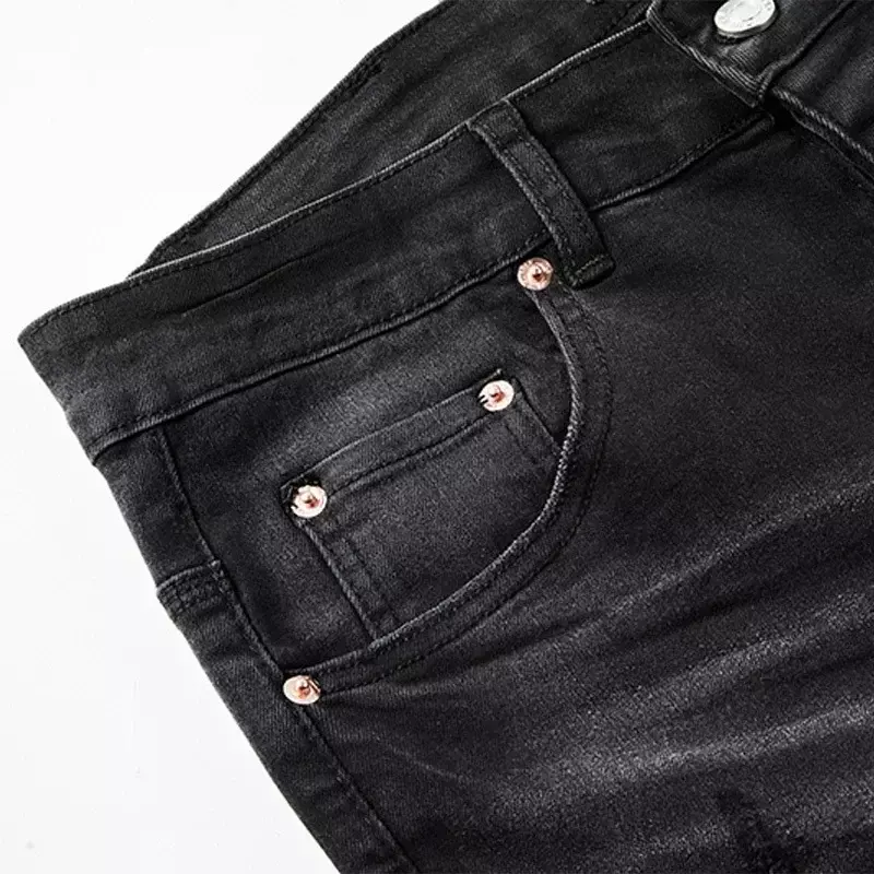 ROCA ungu kualitas terbaik jeans merek American Top tambalan jalan lubang ramping lurus bergaya dan celana ramping