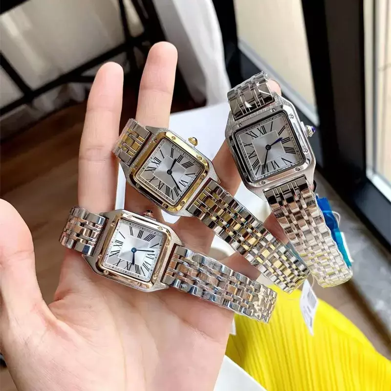 Luxury High Quality Lovers Quartz Watch Mens Women Fashion Square Leather Men Gold White Sapphire Wristwatch