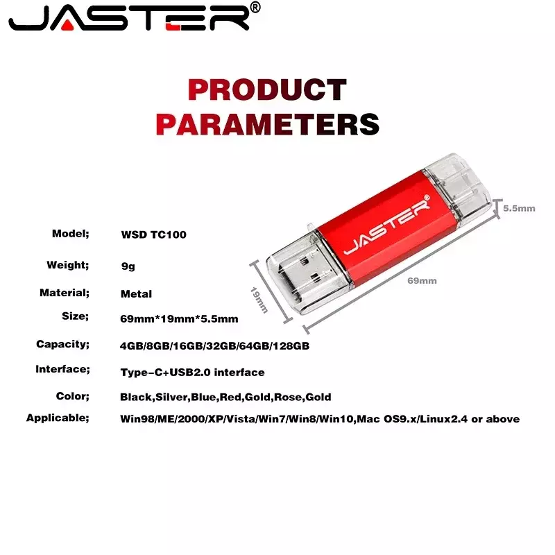 JASTER-USB Type-C Golden Flash Drives de metal, Pen Drive de alta velocidade, Business U Disk, Memory Stick Smart Phone, 16GB, 32GB, 64GB, 128GB