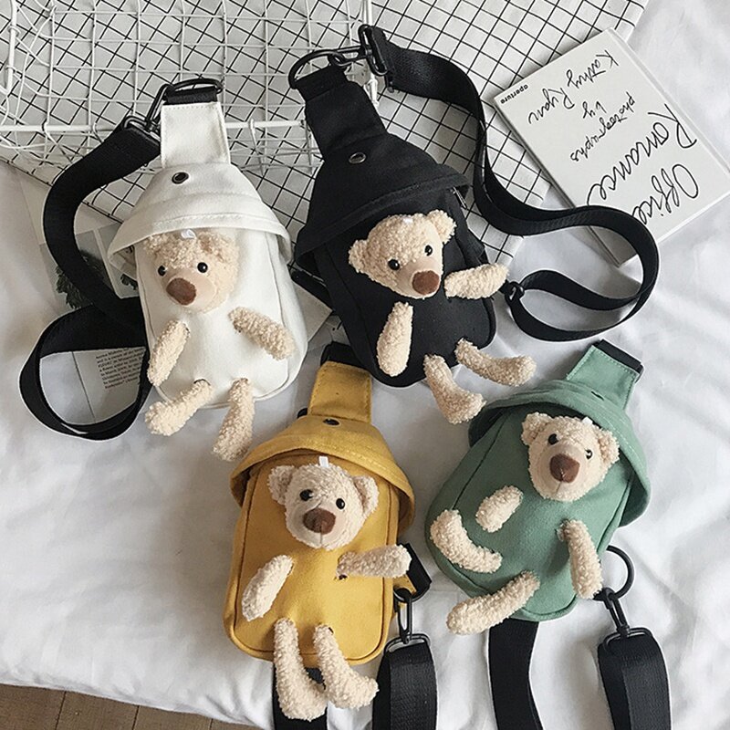 Tas selempang kartun boneka wanita, kantung dada olahraga Beruang kasual Untuk murid kanvas Mini