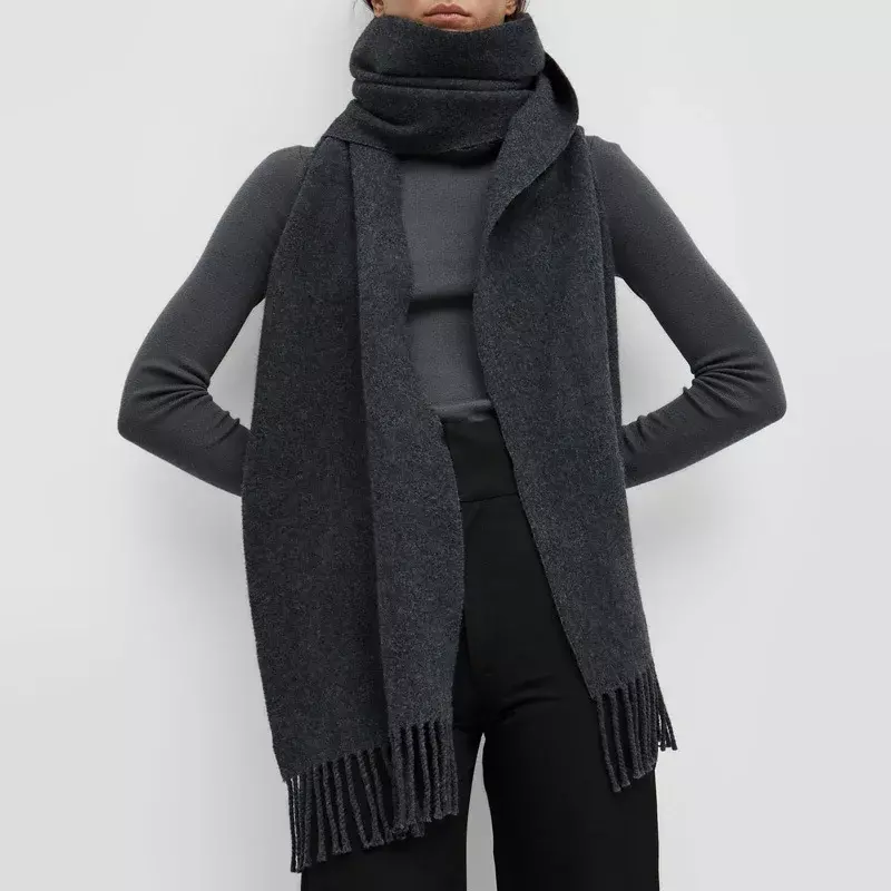 Женский вязаный шарф, однотонная зимняя шаль с кисточками