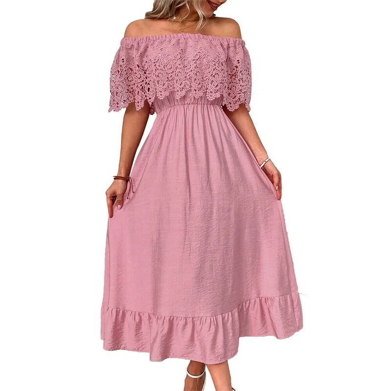 High Quality Design Lace Patchwork Dress Spring Summer 2024, Elegant Commuting Style Large Hem Dress Ruffle Edge One Line Collar