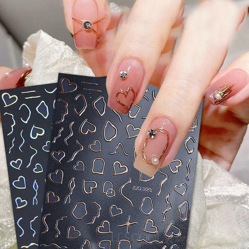 3d Nail Sticker Goud Bronzing Streep Lijnen Sliders Nail Art Decals Liefde Hart Zilveren Visgraten Lijn Manicure Stickers