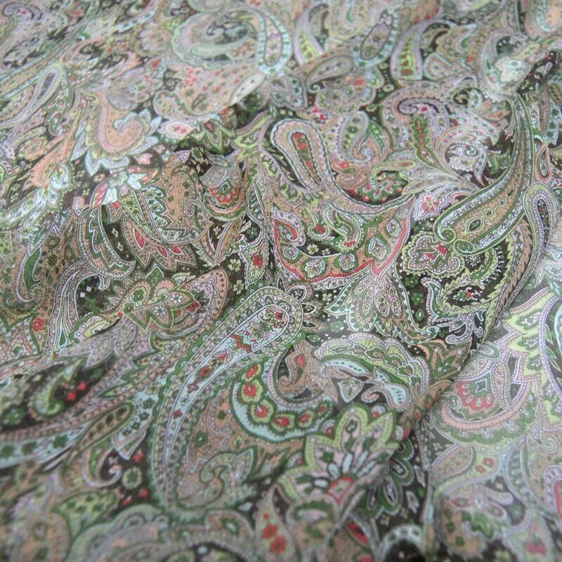 Hermoso patrón de Cachemira verde para niña, tela de gasa arrugada de seda suave, bonito vestido, el más nuevo
