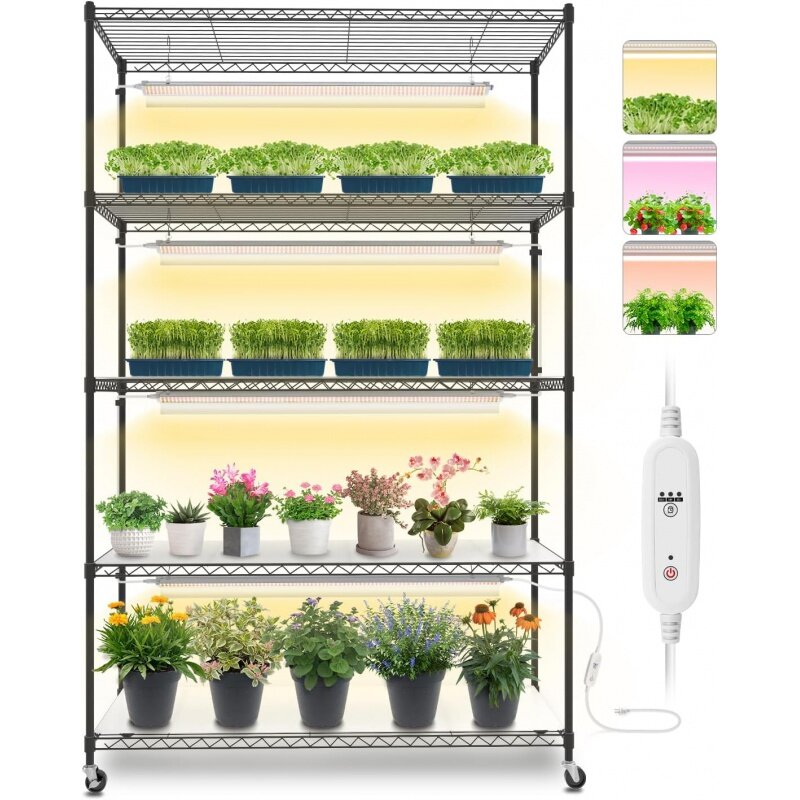 Plant Shelf with Grow Lights, 5 Tier Large Tall Stand 3FT T5 144w Light for Indoor , 3 Mode Full Spectrum