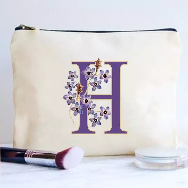 Bolso de belleza multifunción con estampado de flores y letras iniciales para mujer, bolsa de maquillaje, bolsa de cosméticos de lona, bolsa organizadora