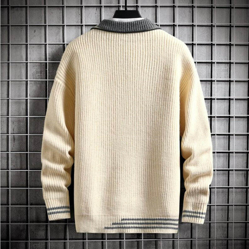 Осенне-зимний мужской свитер, теплый топ, новинка, модный однотонный пуловер с прострочкой, свитер с круглым вырезом, утепленный вязаный свитер