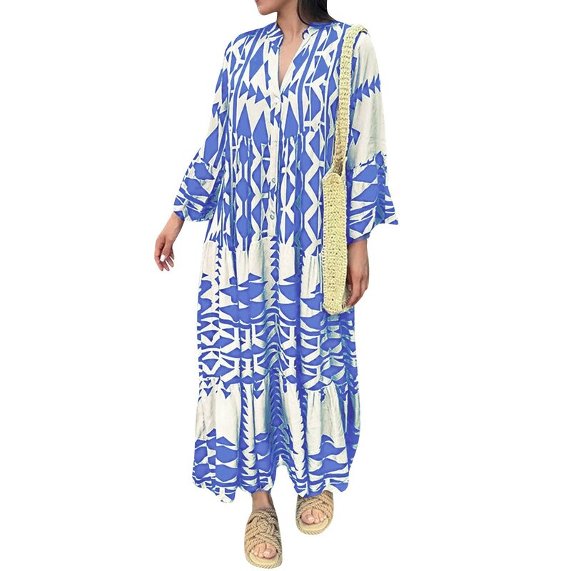 Women'S Printed Maxi Dresses Fashion Casual Loose Shirt Dress Bohemian Style Long Sleeved Daily Commute Vacation Long Dress