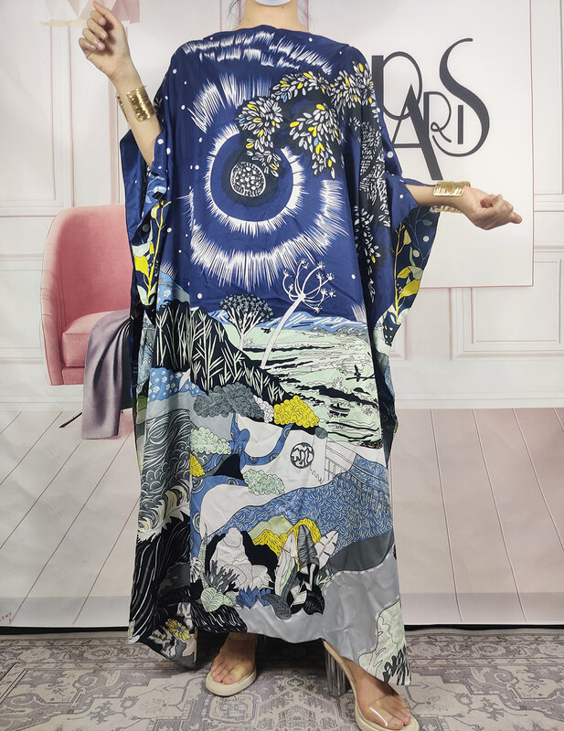 Kuwait Popular 2023 Blogger High Recommend Twill Silk Printed Loose Kaftan Maxi Dress African Style Muslim Lady Long BouBou