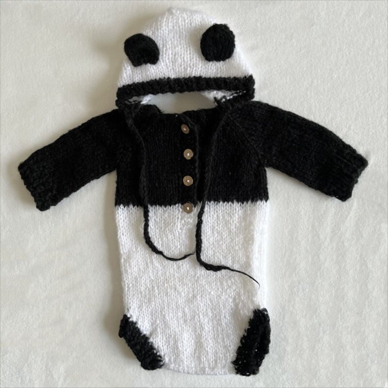 Noworodek rekwizyty fotograficzne kostium dziewiarski Panda czapka uszami dziecko trójkątny kombinezon fotograficzny ubrania 2