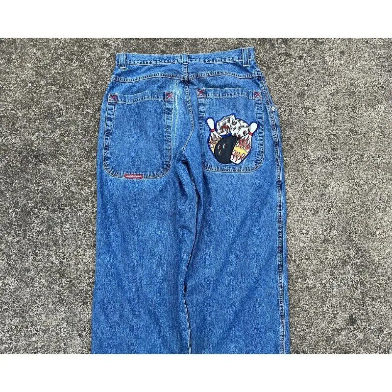 American retro jeans couple Y2K pants hip hop pattern print retro blue loose men and women Harajuku gothic high waist trousers