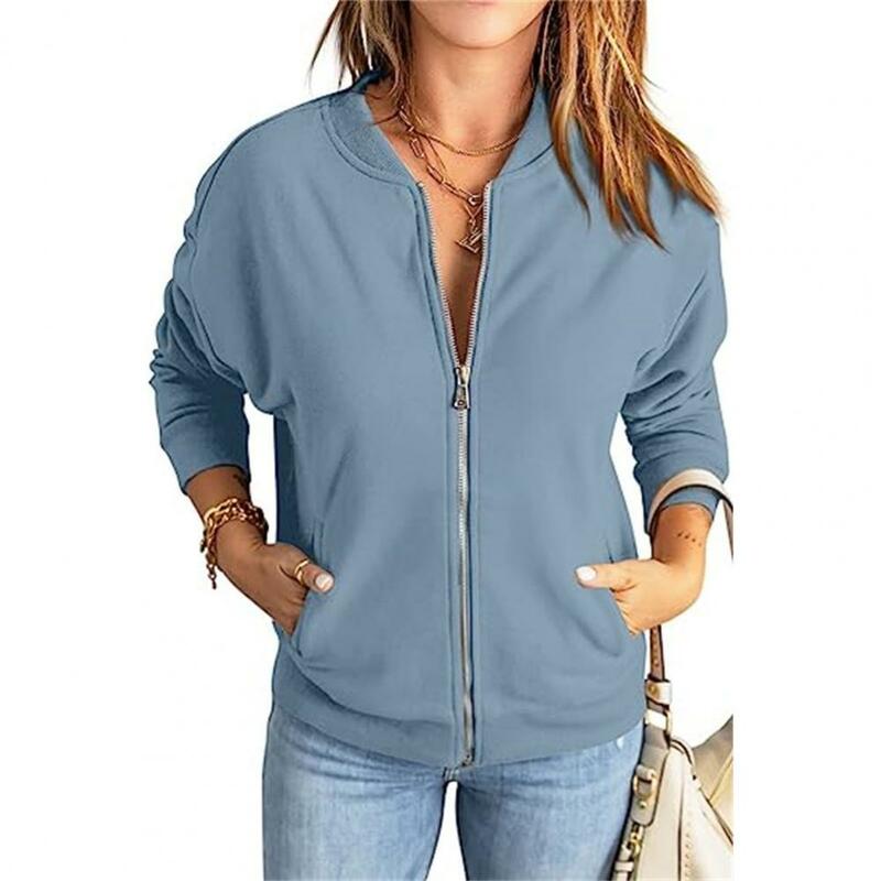 ポケット付きの女性用ジップアップスウェットシャツ、スタイリッシュなトップ、長い単色、居心地の良い、毎日、秋、冬
