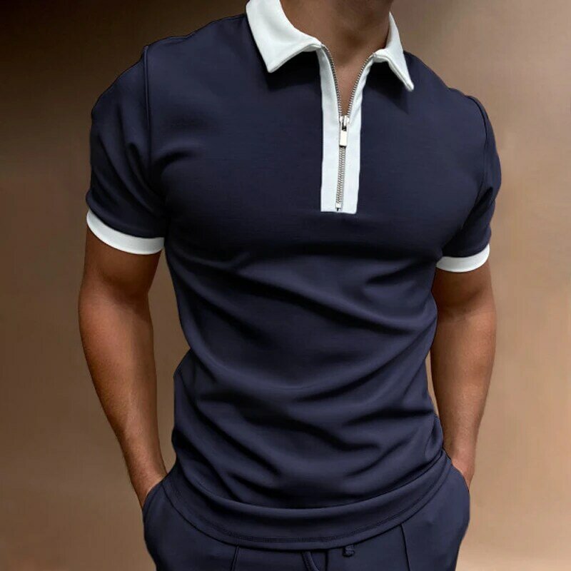 여름 남성 폴로 셔츠 반팔 루즈 지퍼 컬러 매칭 의류 캐주얼 럭셔리 남성 티셔츠 탑, 미국 야드 수축 방지