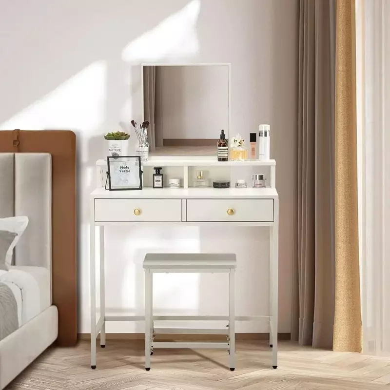 Dresser set with removable mirror, bedroom make-up dresser, dresser, desk with stool, 2 drawers and storage shelf