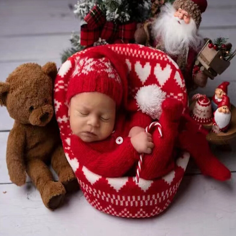 生まれたばかりの赤ちゃんのためのニットジャンプスーツと帽子、写真撮影、クリスマス服、ボディスーツのアクセサリー