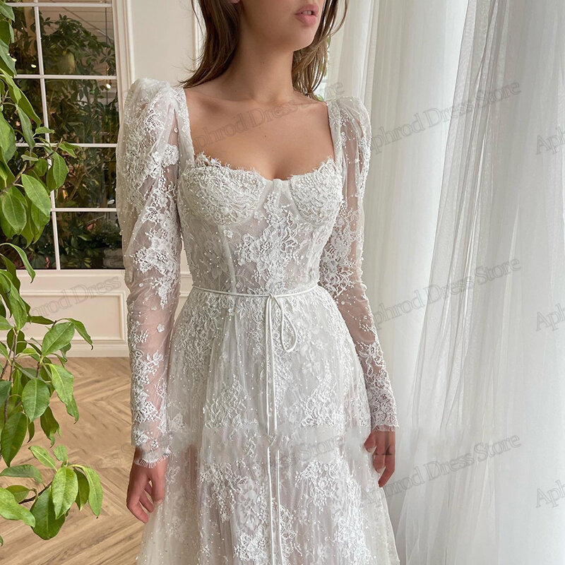 Exquisite Wedding Dresses A-Line Bridal Gowns Lace Appliques Full Sleeves Square Collar Robes Glamorous Vestidos De Novia 2024