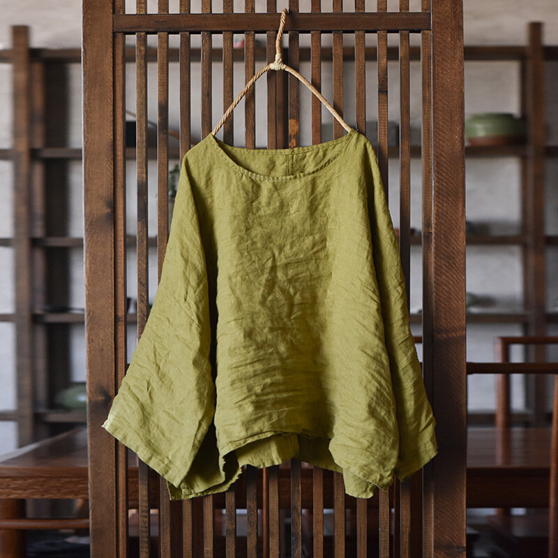 Ramie-Blusa holgada Retro para mujer, camisa fina de Color sólido con cuello redondo, Estilo Vintage, informal, para verano, 2024