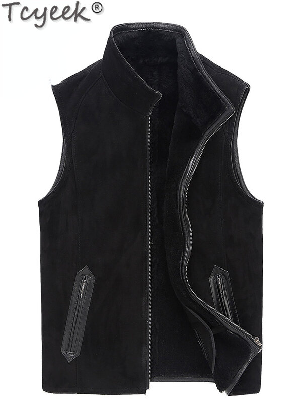 Tcyeek jaket motor kulit asli untuk pria, rompi bulu hangat bahan kulit asli, mantel wol motif kulit domba alami Musim Dingin