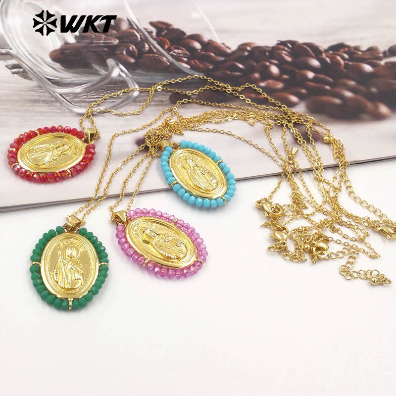 WT-MN989 Women Handmade Crystal Wire Wrapped Oval Shape 18K Gold Plated Miraculous Medal Necklace For Spring