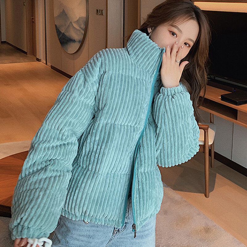 2023ใหม่เสื้อแจ็กเก็ตสั้นผ้าลูกฟูกสำหรับผู้หญิงสไตล์เกาหลีเสื้อกันหนาวผ้าฝ้ายหนามีซิป