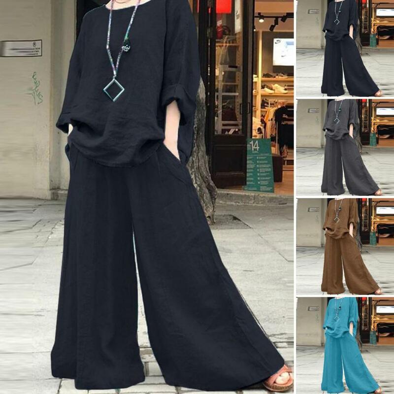 Top Culottes Set Stylish Mid-aged Women's Top Culottes Set with Loose T-shirt Wide Leg Pants Plus Size Casual Wear for Comfort