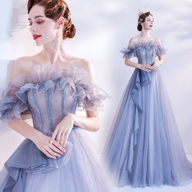 Neues Farbverlauf blaues Kleid Leistung Host Bankett Jahres treffen Kleid eine Schulter Holzohr Taille gewickelt langes Kleid für Frauen
