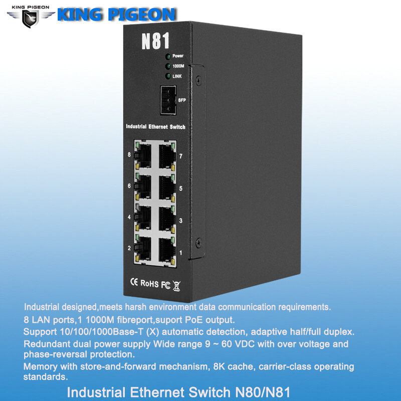 Interruptor Ethernet Industrial resistente con salida PoE, puerta de enlace IOT, admite 1 puerto óptico Gigabit, 8 LAN