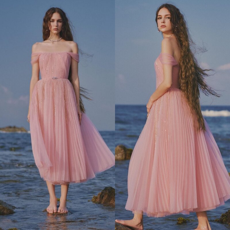 Organza Draped Pleat Sequined Graduation A-line Off-the-shoulder Bespoke Occasion Gown Midi Dresses