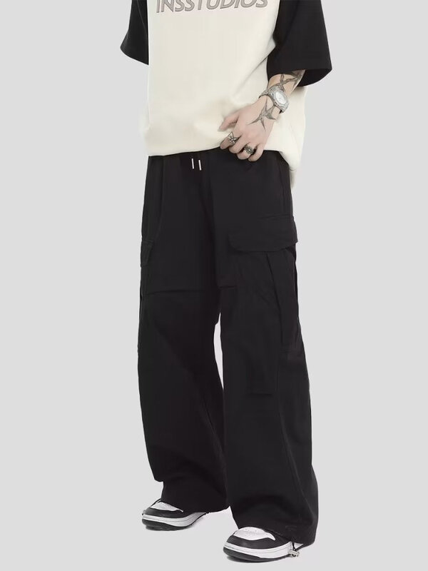 Celana Solid gaya Safari, celana kerja anak-anak bersaku besar longgar pakaian jalanan Retro sederhana Amerika