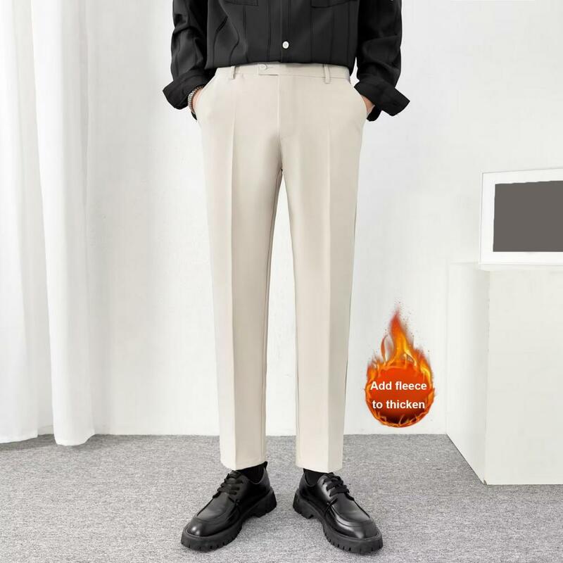 Pantalones de traje de felpa gruesa para hombre, pantalones con bolsillos suaves, cierre de cintura media, estilo Formal de negocios, ropa de oficina