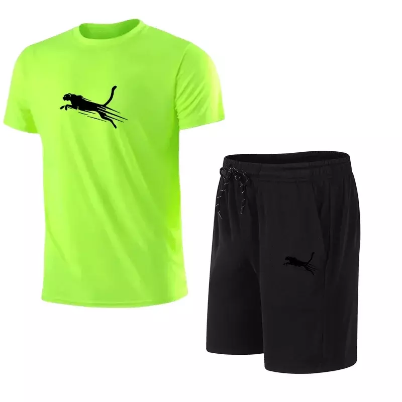 Summer Men's Short Sleeve Suit Fitness Fashion Casual Shorts Sportswear Men's Mesh T-Shirt + Shorts 2-Piece Set S-4XL