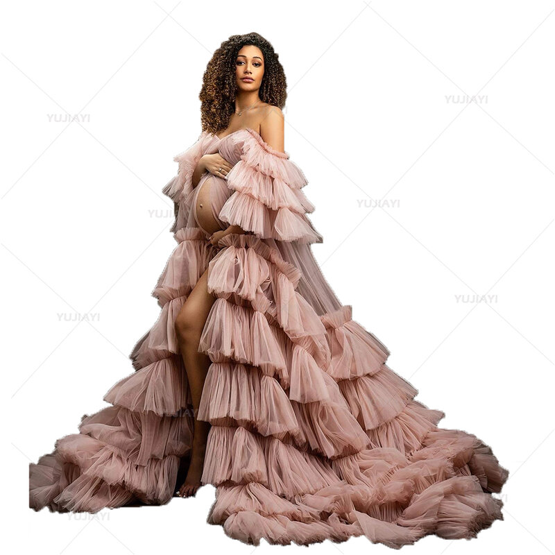 Gaun bersalin mewah untuk pemotretan bahu terbuka rok berjenjang ruffle Boudoir Lingerie Tulle jubah mandi pernikahan jubah hamil