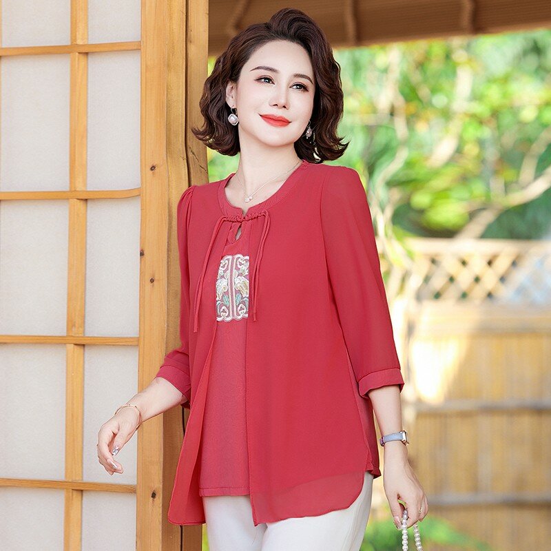 Women Spring Summer Style Chiffon Blouses Shirts Lady Fake Two Pieces Casual Half Sleeve O-Neck Chiffon Blusas Tops