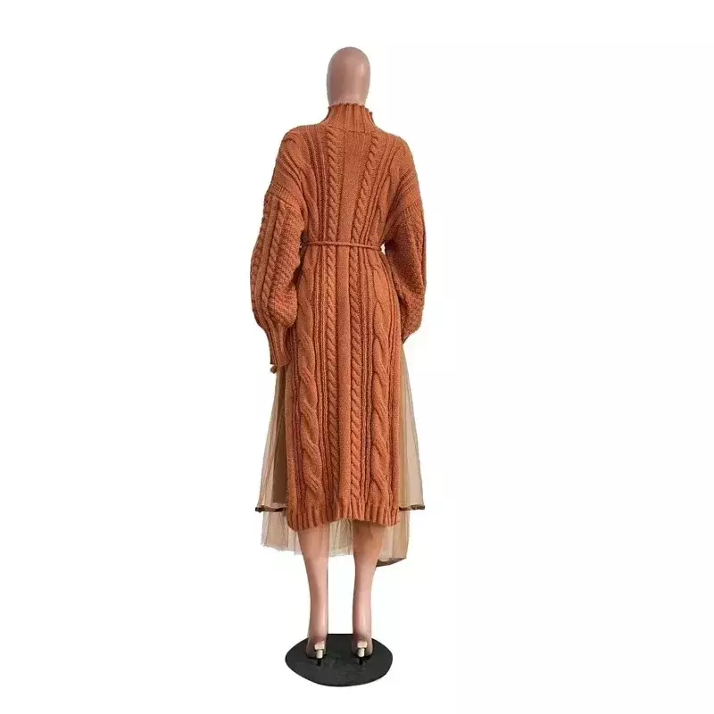 Conjunto de tranças femininas de manga comprida, vestido de malha, saias maxi de malha, roupas casuais, gola alta, sólido, moda, 2 peças