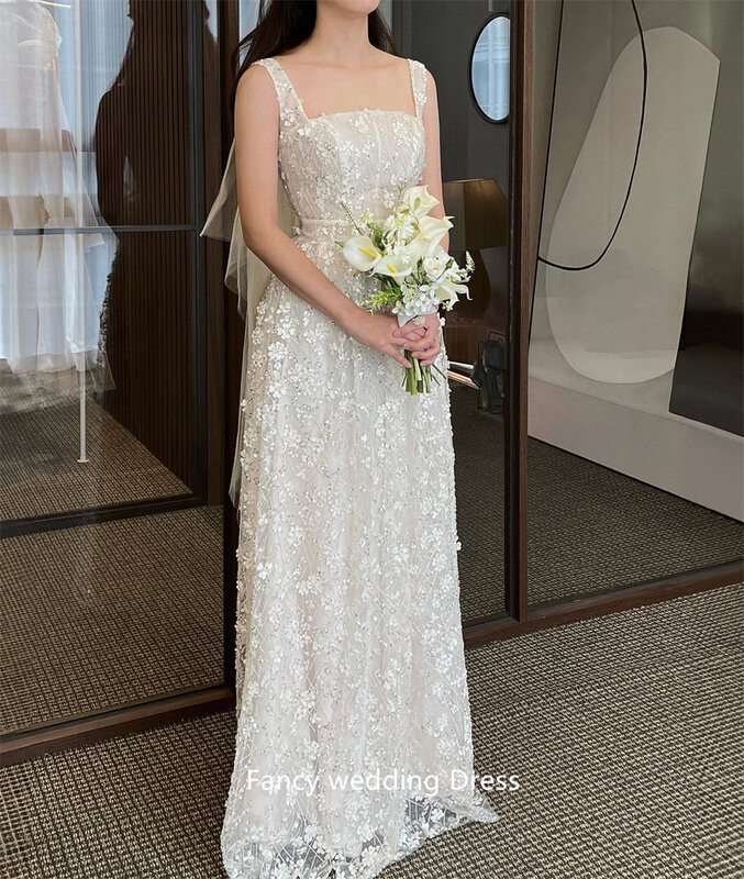 멋진 스퀘어 칼라 아이보리 예쁜 신부 웨딩 파티 원피스, 스트랩리스 한국 사진, 여성용 웨딩 드레스
