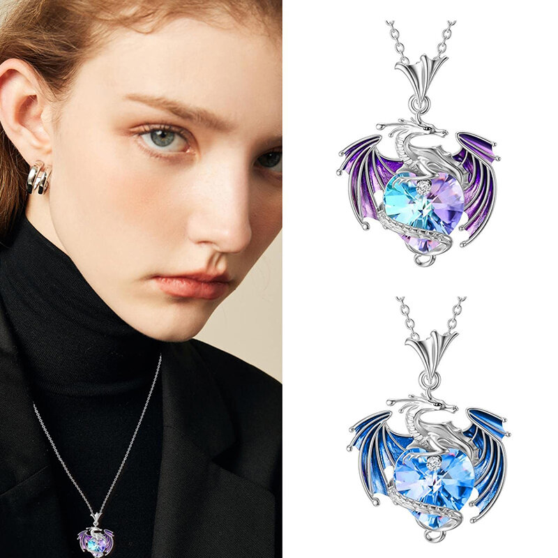 Colar pingente dragão cristal colorido para mulheres, requintado azul e roxo, presente