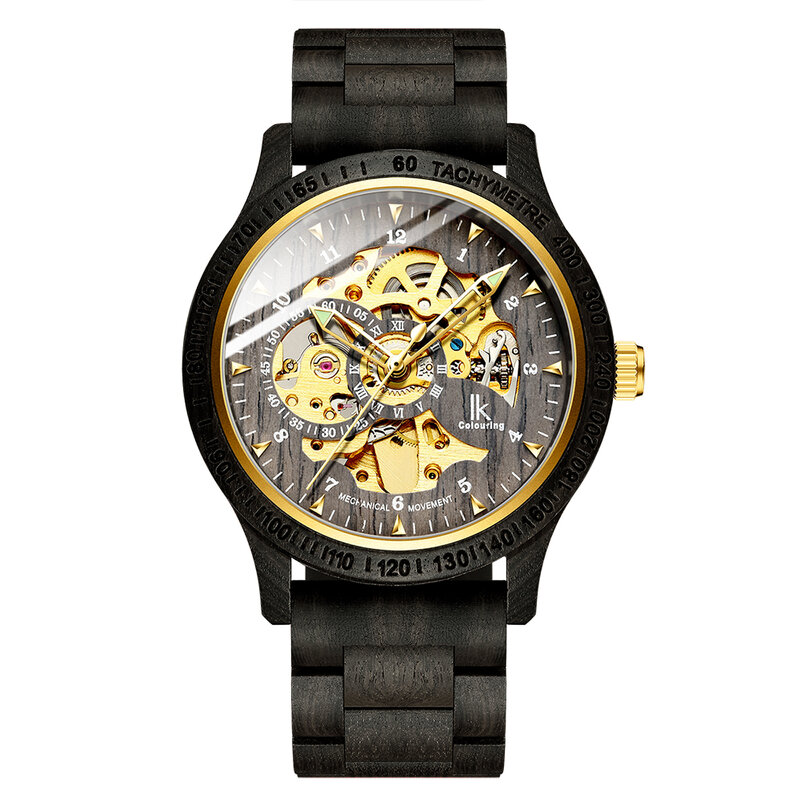 IK Colouring Top Brand Luxury Fashion Wood Mechanical Watches Men Wooden Automatic Self-Wind Wristwatches Men Skeleton Watches