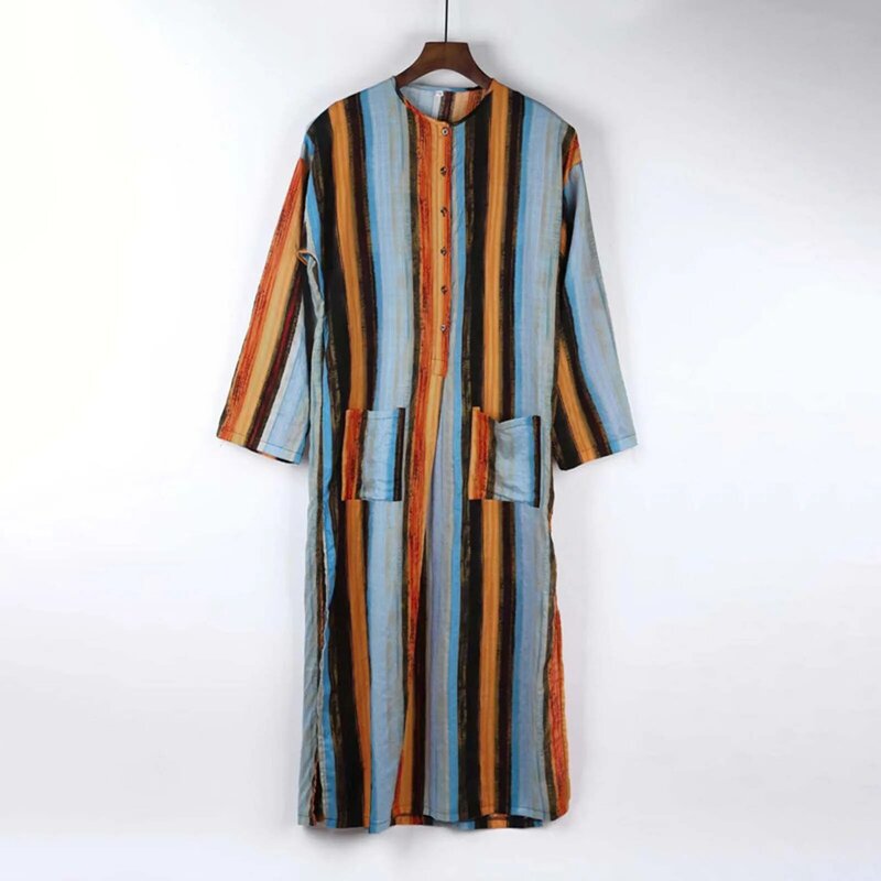 Мужская мода этнический стиль мусульманские халаты Рубашки полосатый принт с длинными рукавами Повседневная Свободная Jubba Thobe исламский арабский Дубай Кафтан