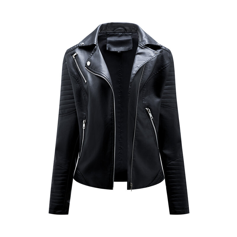 여성용 모토 바이커 지퍼 가죽 재킷, 레드 블랙 살구색 커피 양가죽 코트, 2024 가을 용수철
