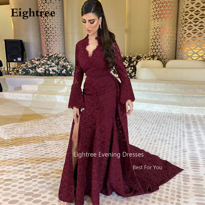 Eightree gaun malam renda putri duyung Burdungry Arab seksi gaun pesta Prom acara khusus Dubai leher V terpisah gaun lengan panjang