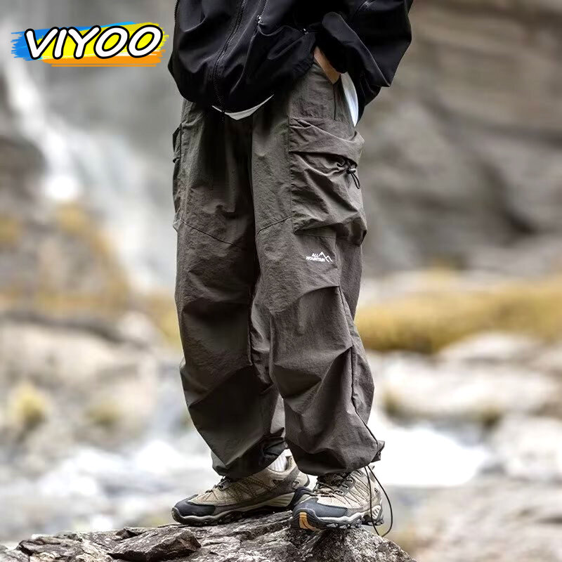 남성용 기능성 세련된 용수철 데님, Y2K 카고 바지, 야외 포켓, 와이드 레그, 헐렁한 바지, 등산 바지