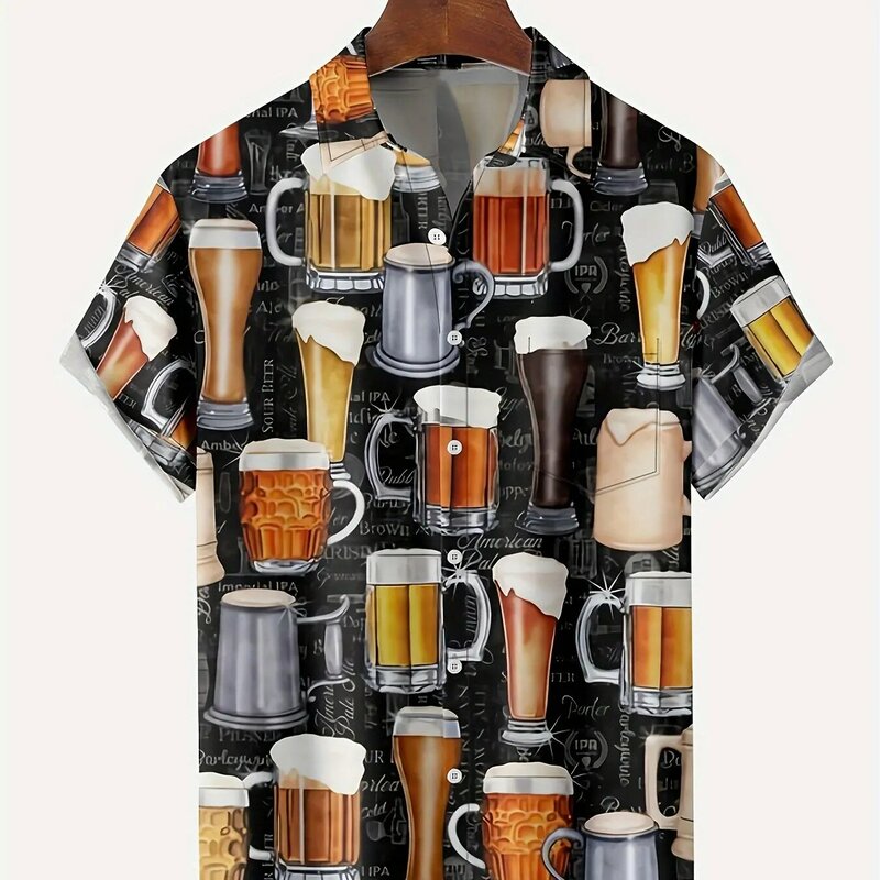 Large size chic Hawaiian shirt 3D beer pattern lapel comfortable men's personality peripheral print summer short sleeves