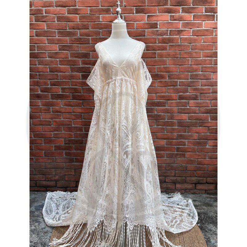 Женское кружевное свадебное платье Don & Judy, элегантное платье невесты с V-образным вырезом, открытыми плечами и кисточками, богемное платье для беременных