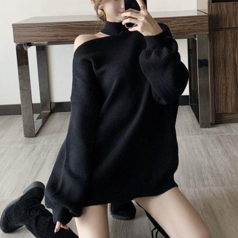 Irregular Sexy Pullovers Women Sweaters Off Shoulder Aesthetic Solid Autumn Lazy Style Harajuku All-match Baggy Streetwear Lady