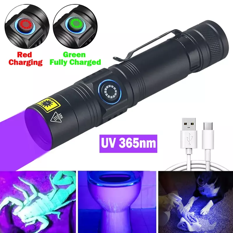 미니 UV 손전등 자외선 블랙라이트, USB 충전식 보라색 린나스 카펫, 애완 동물 소변 감지기, 전갈 잡기, 365nm, 395NM