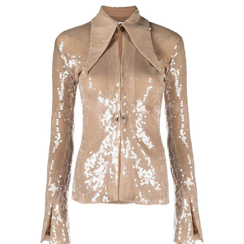 Blusa de lapela de lantejoulas feminina com glitter, top, linda, manga de pagode, divisão, casaco fino, um botão, monocromática, nova chegada, em estoque